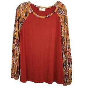 𝅺AJ Amelia James Womens BOHO Top Large Orange Paisley Long Sleeve Casual